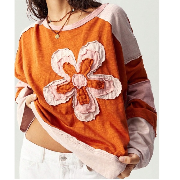 Tops - Boho Color block Floral Patch Reverse Stitch Oversized Long sleeve Top